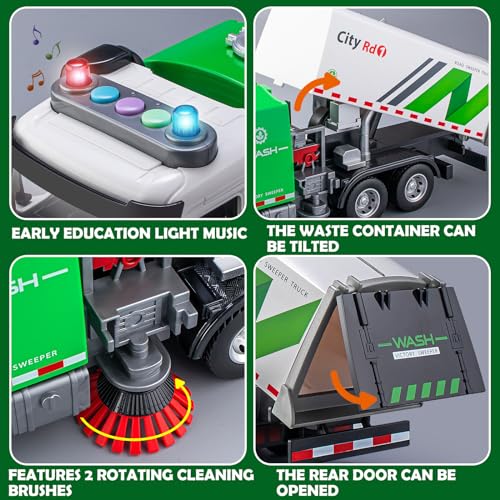 TAKGUD Street Sweeper Truck with Open-able Doors, 11.5" Big Trash Truck with Lights and Sounds, Friction Powered Garbage Toys Gift for Boys Girls Kids - Image 3