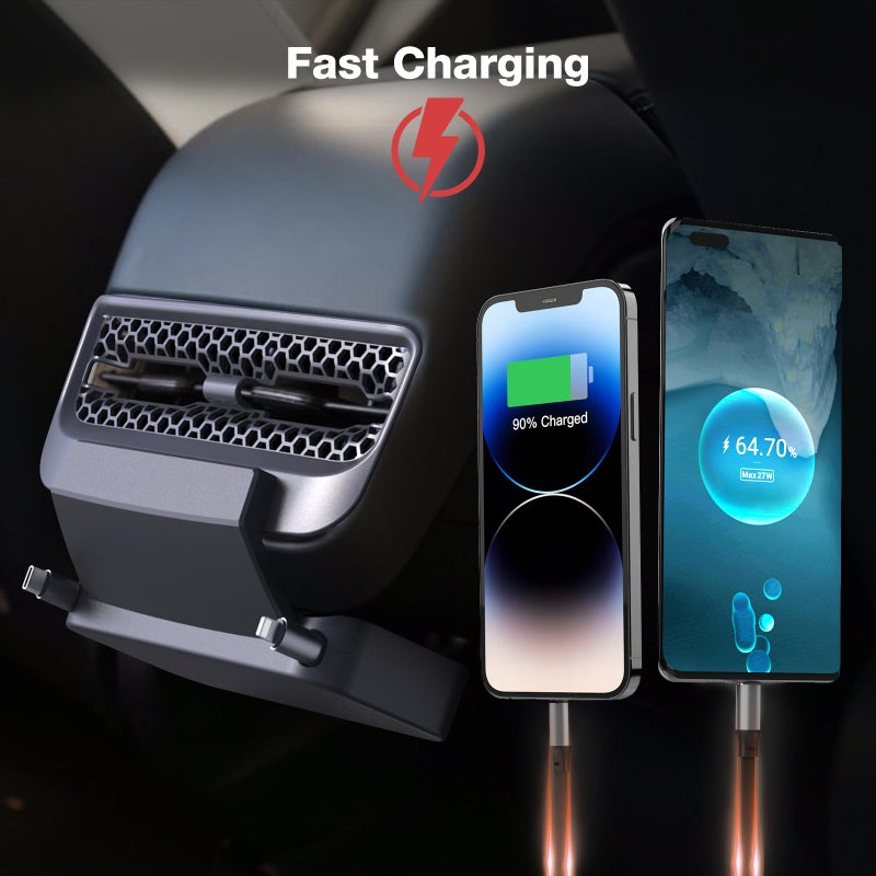 THELIFELICIOUS Retractable Cord Car Phone Charger for Tesla Model 3 Model Y 2021 2022 2023 2024, THELIFELICIOUS Interior Accessories Rear Air Outlet Expansion Dock with Fast Charging Cables (8-Pin) - Image 4