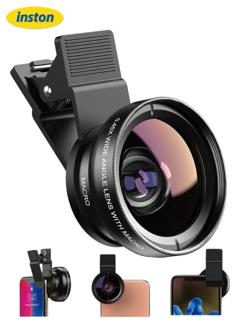 inston 2 in 1 phone camera lens, phone clip-on lens kit, 0.45X wide angle lens (140°) + 12.5X macro lens, clip-on lens for iPhone, Samsung, and most Android smartphones  - Image 1