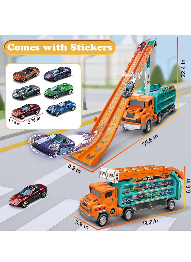 XiuWoo Toddler Car Truck Toys, Car Carrier Truck Toy for Kids Age 3-8,Foldable Car Track Sets with 2.8-Ft Race Track and 6 Die-Cast Race Cars, orange  - Image 2
