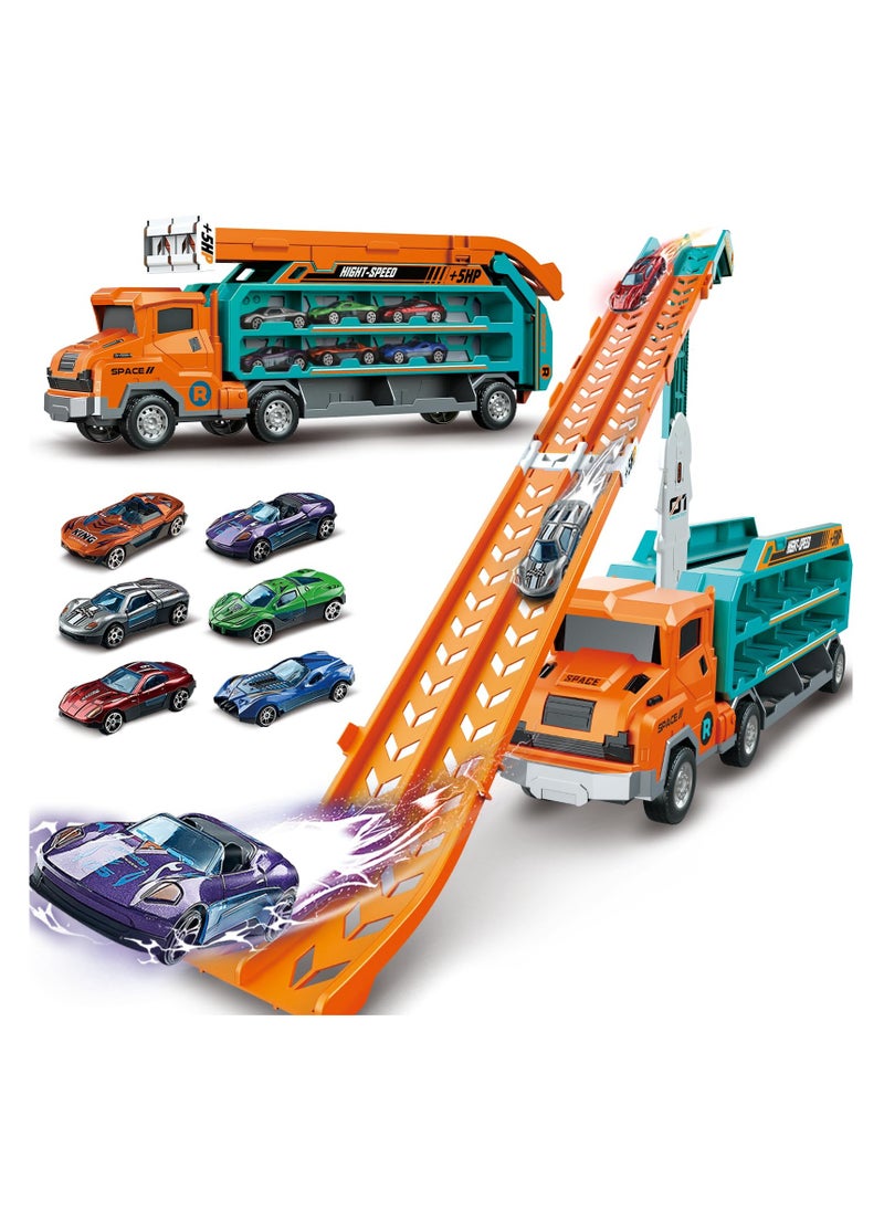 XiuWoo Toddler Car Truck Toys, Car Carrier Truck Toy for Kids Age 3-8,Foldable Car Track Sets with 2.8-Ft Race Track and 6 Die-Cast Race Cars, orange  - Image 1