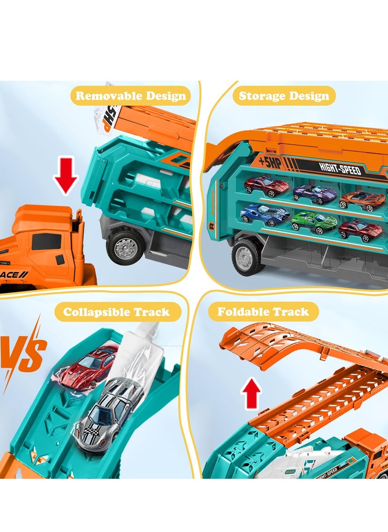 XiuWoo Toddler Car Truck Toys, Car Carrier Truck Toy for Kids Age 3-8,Foldable Car Track Sets with 2.8-Ft Race Track and 6 Die-Cast Race Cars, orange  - Image 3