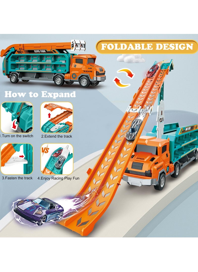 XiuWoo Toddler Car Truck Toys, Car Carrier Truck Toy for Kids Age 3-8,Foldable Car Track Sets with 2.8-Ft Race Track and 6 Die-Cast Race Cars, orange  - Image 4
