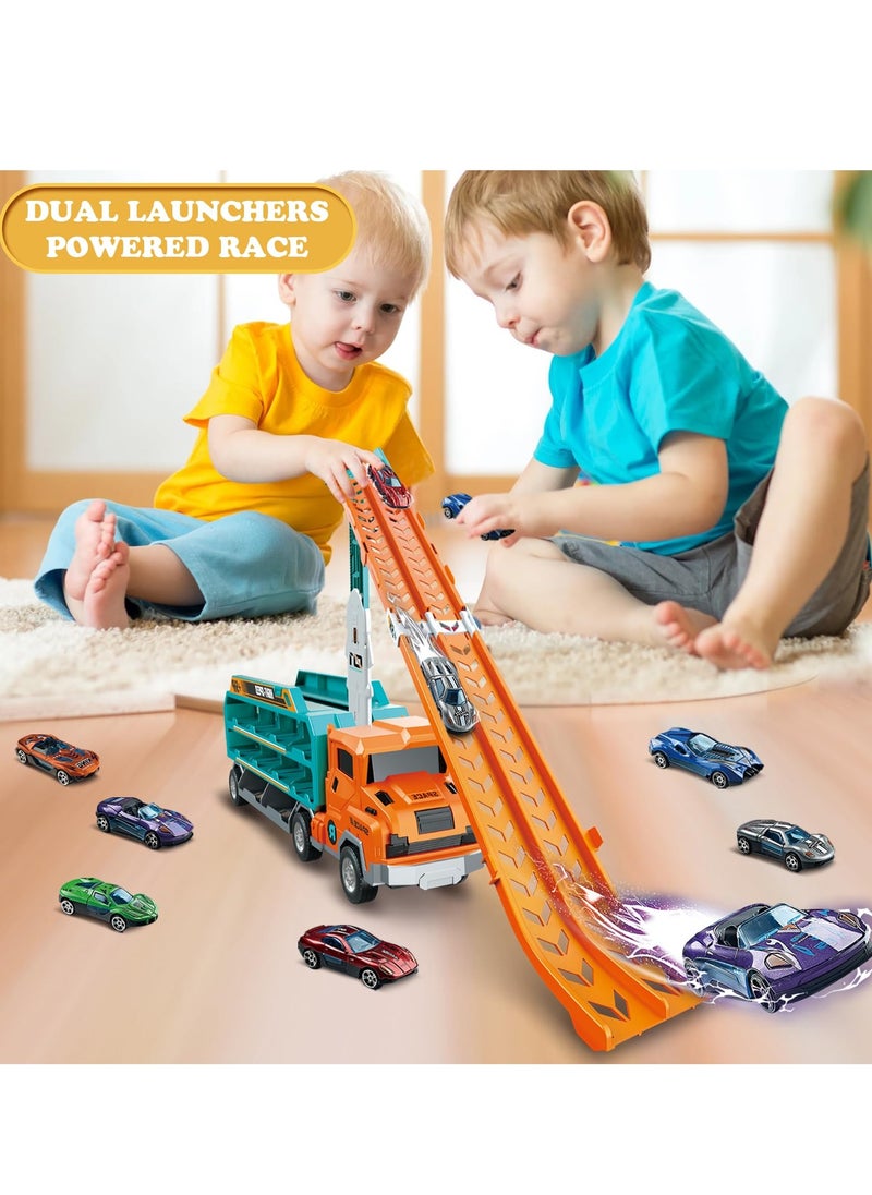 XiuWoo Toddler Car Truck Toys, Car Carrier Truck Toy for Kids Age 3-8,Foldable Car Track Sets with 2.8-Ft Race Track and 6 Die-Cast Race Cars, orange  - Image 5
