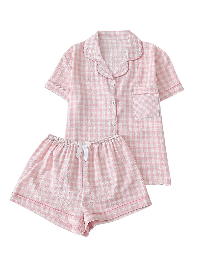 Verdusa Women's Plaid 2 Piece Cute Pajama Sets Short Sleeve Button Down Shirts with Shorts Loungewear Pink Medium - Image 1