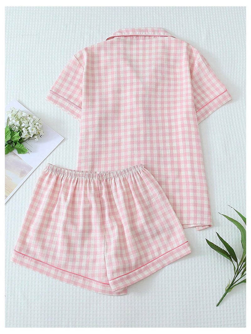 Verdusa Women's Plaid 2 Piece Cute Pajama Sets Short Sleeve Button Down Shirts with Shorts Loungewear Pink Medium - Image 4