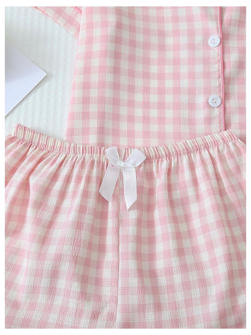 Verdusa Women's Plaid 2 Piece Cute Pajama Sets Short Sleeve Button Down Shirts with Shorts Loungewear Pink Medium - Image 5