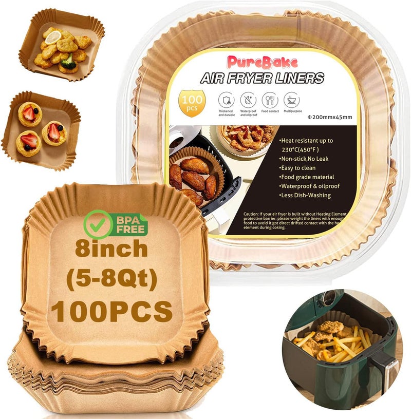 PureBake Air Fryer Disposable Paper Liners Standard Paper Liners 100Pcs Oil Proof Parchment Sheets Round Airfryer Paper Basket Bowl Liner for Baking Cooking Food 8IN SquareBrown