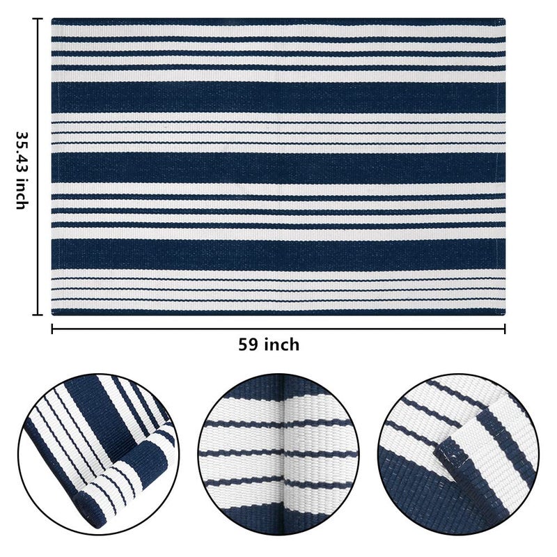 BUAGETUP Blue and White Outdoor Rug 3'x 5' Cotton Woven Washable Rug Striped Front Porch Rug Indoor/Outdoor Area Rug Floor Mat for Farmhouse/Layered Door Mats/Living Room - Image 2