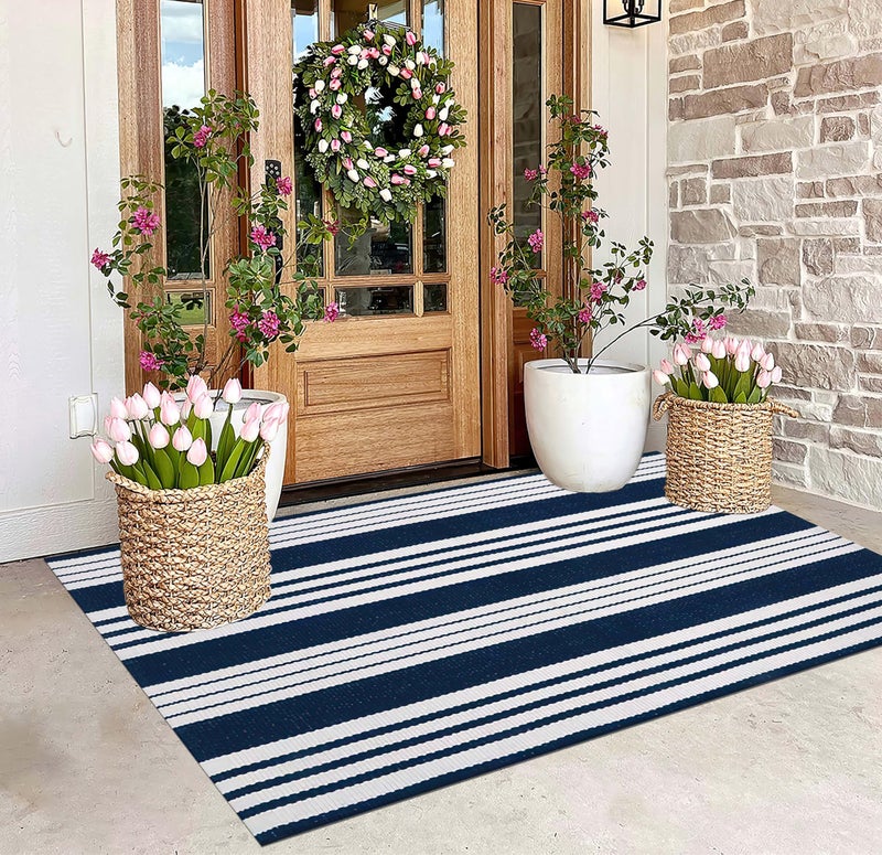 BUAGETUP Blue and White Outdoor Rug 3'x 5' Cotton Woven Washable Rug Striped Front Porch Rug Indoor/Outdoor Area Rug Floor Mat for Farmhouse/Layered Door Mats/Living Room - Image 1
