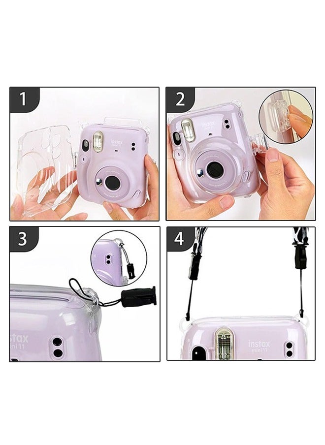 Fazza - Clear Camera Case Compatible with Fujifilm Instax Mini 11 Instant Camera, Mini 11 Hard Case with Photo Pocket Holds on Back and Adjustable Shoulder Strap & Cute Camera Sticker 3 PCS - Image 1