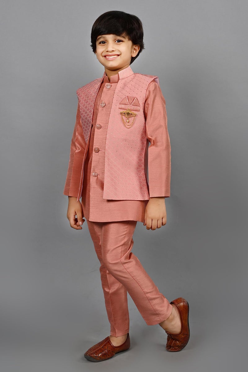 AHHAAAA Kids Ethnic Silk Indian Bollywood Style Jacquard Indo-Western Casual Style Sherwani Set For Boys 521Mf |Pink 10-11 Years, 521| - Image 4