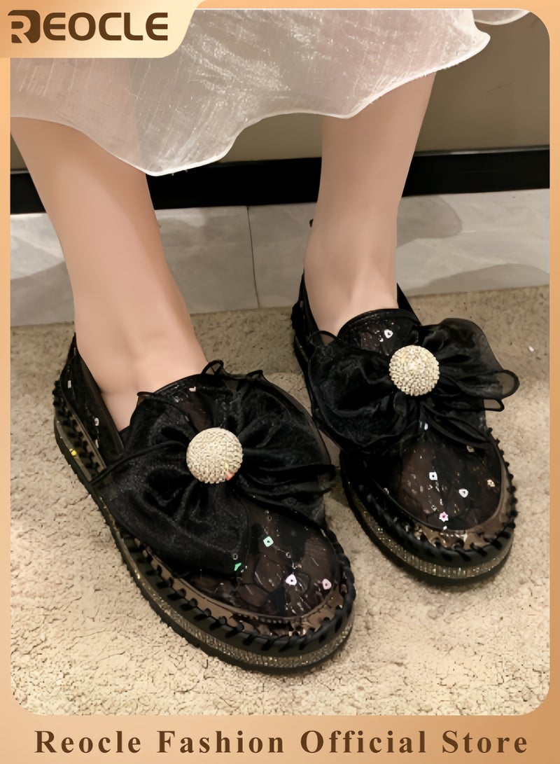 REOCLE Women's Rhinestones Sneaker Glitter Bow Mesh Platform Slip On Loafers Comfort Sneaker Flat Loafer Casual Shoes - Image 1