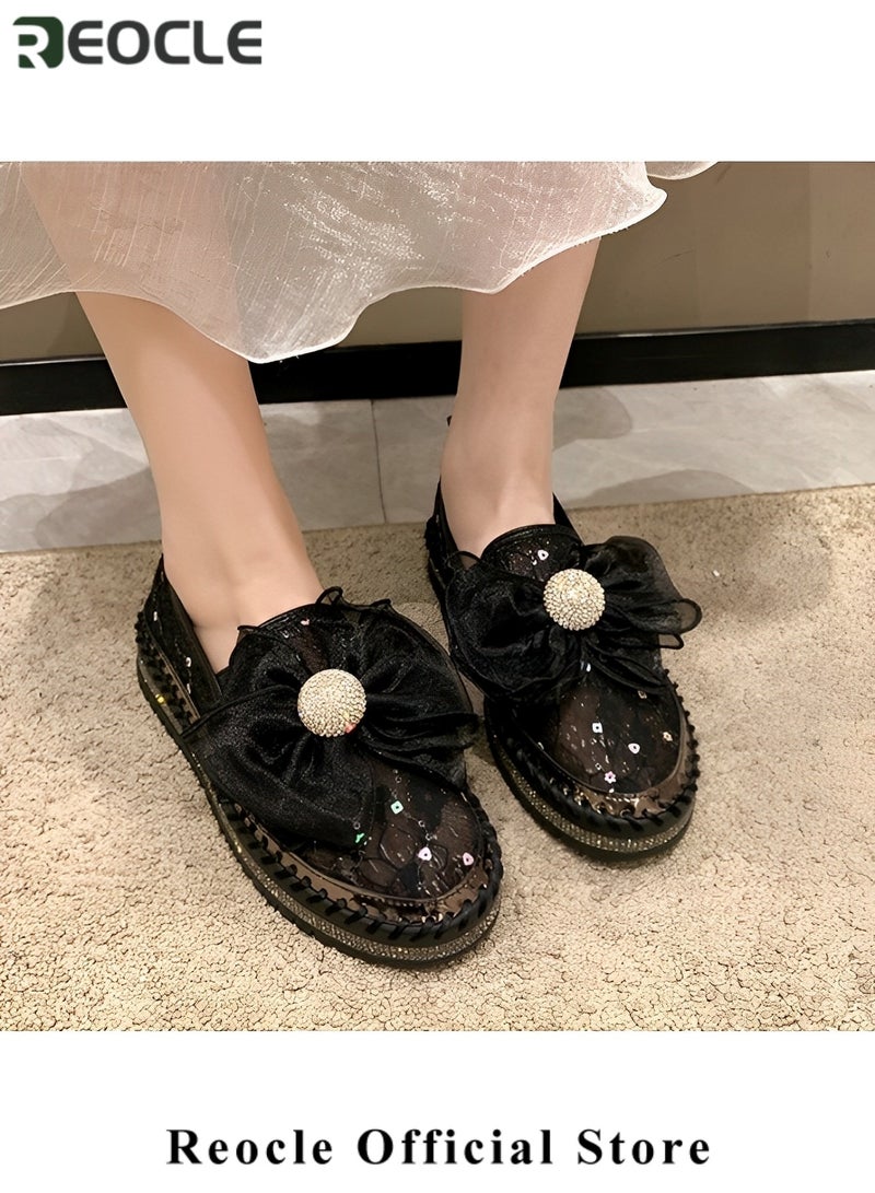REOCLE Women's Rhinestones Sneaker Glitter Bow Mesh Platform Slip On Loafers Comfort Sneaker Flat Loafer Casual Shoes - Image 2