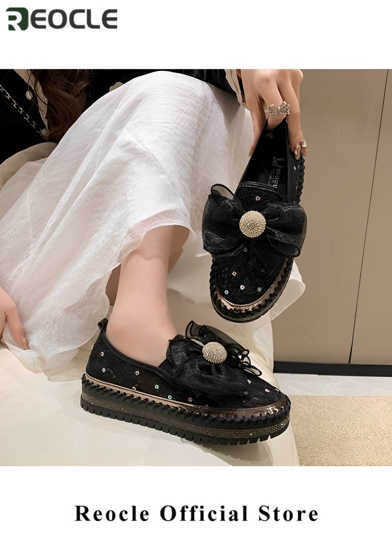 REOCLE Women's Rhinestones Sneaker Glitter Bow Mesh Platform Slip On Loafers Comfort Sneaker Flat Loafer Casual Shoes - Image 4