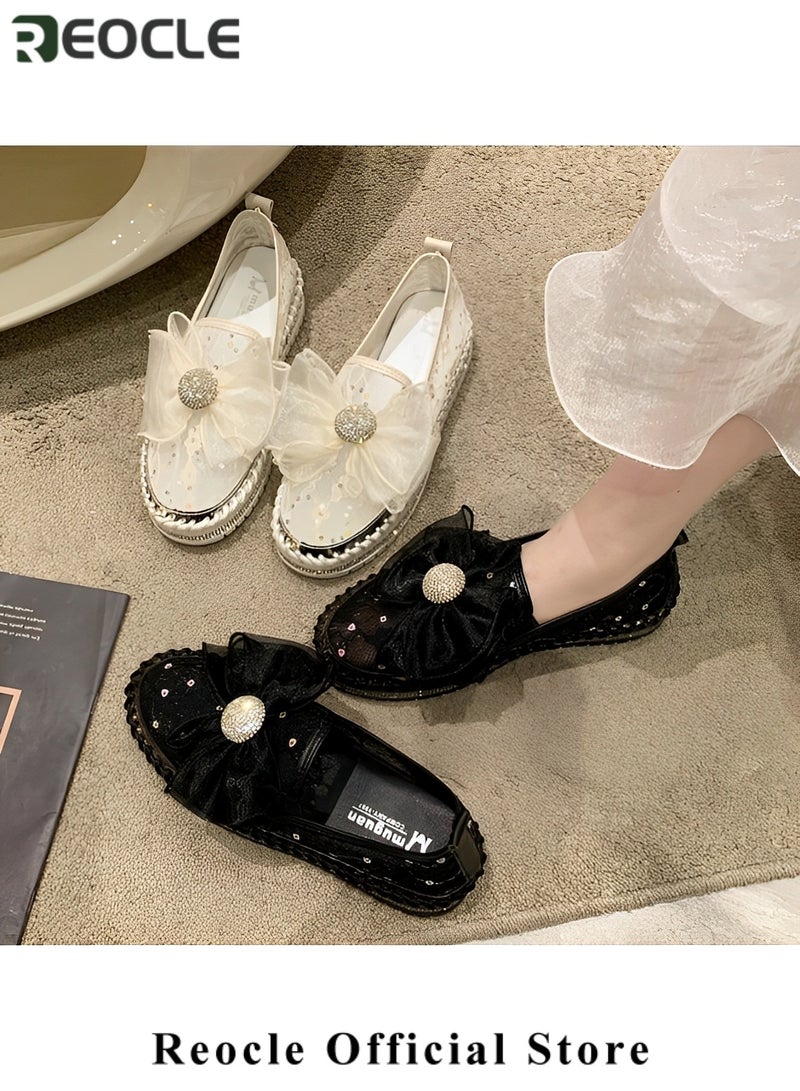 REOCLE Women's Rhinestones Sneaker Glitter Bow Mesh Platform Slip On Loafers Comfort Sneaker Flat Loafer Casual Shoes - Image 3