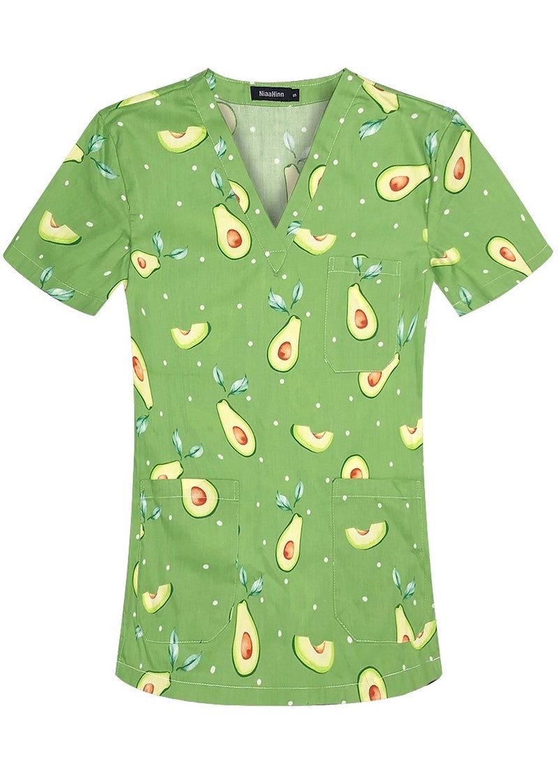 Loquat V-Neck Printed Medical Uniform Scrubs Top for Women Workwear Soft Comfty Easy Care 