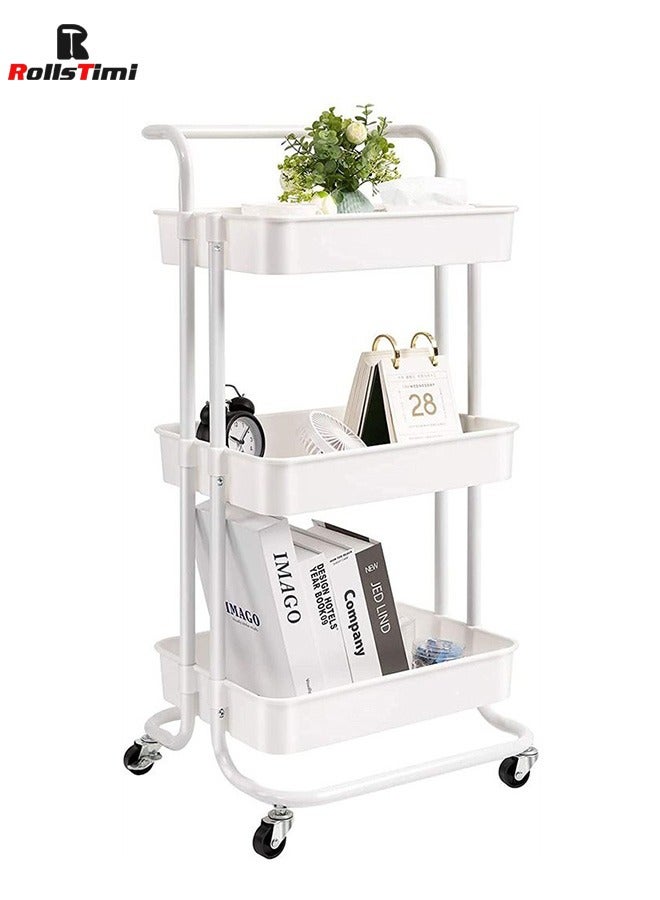 RollsTimi  3 Tier Utility Rolling Storage Cart With Handles And Lockable Wheels,White - Image 1