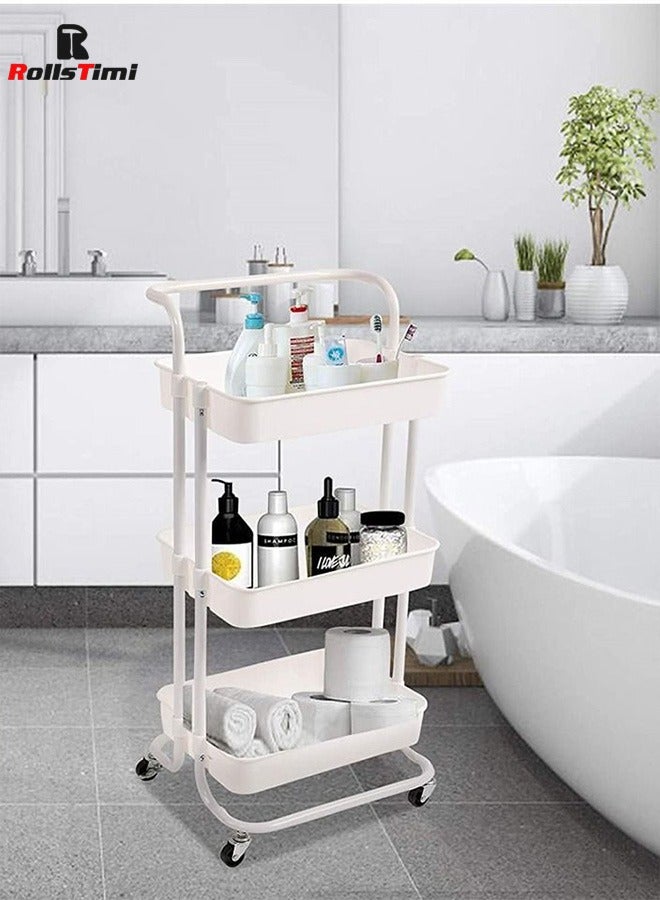 RollsTimi  3 Tier Utility Rolling Storage Cart With Handles And Lockable Wheels,White - Image 3