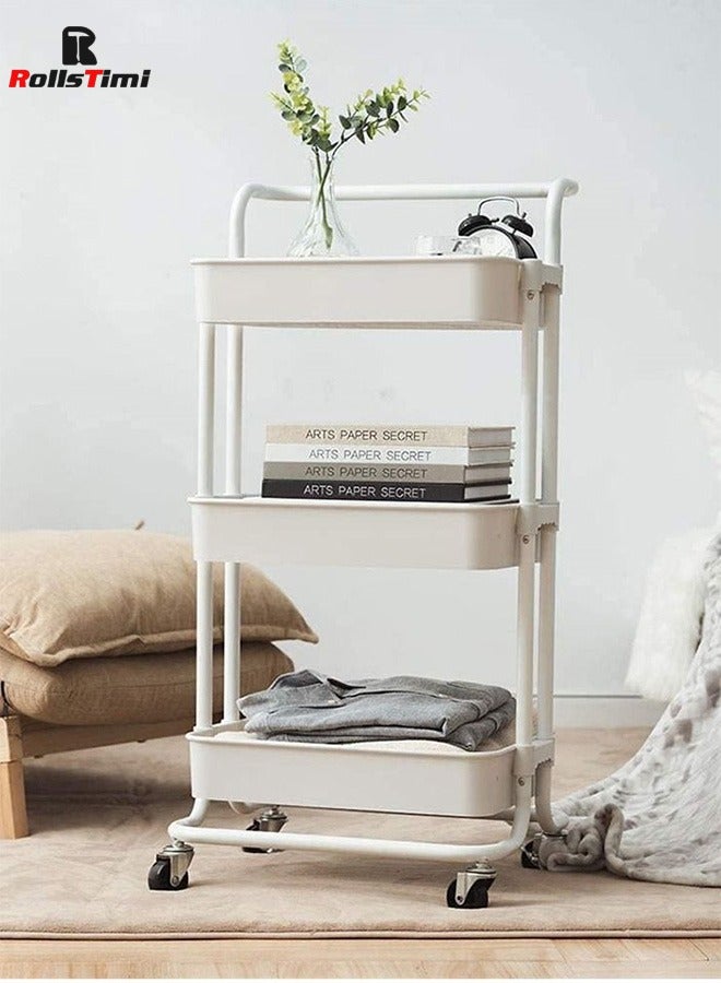 RollsTimi  3 Tier Utility Rolling Storage Cart With Handles And Lockable Wheels,White - Image 2