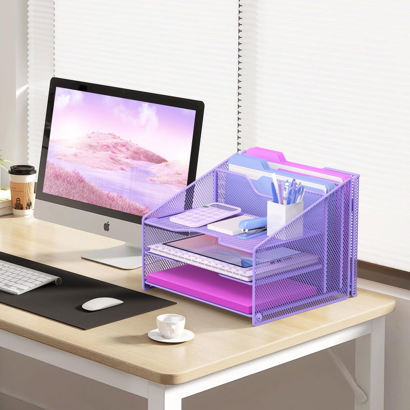 Samstar Purple Desk File Organizer, Mesh Letter File Folder Holder with 3 Paper Trays and 2 Vertical Upright Section, for Office Supplies, Desk Accessories & Workspace, Purple - Image 3