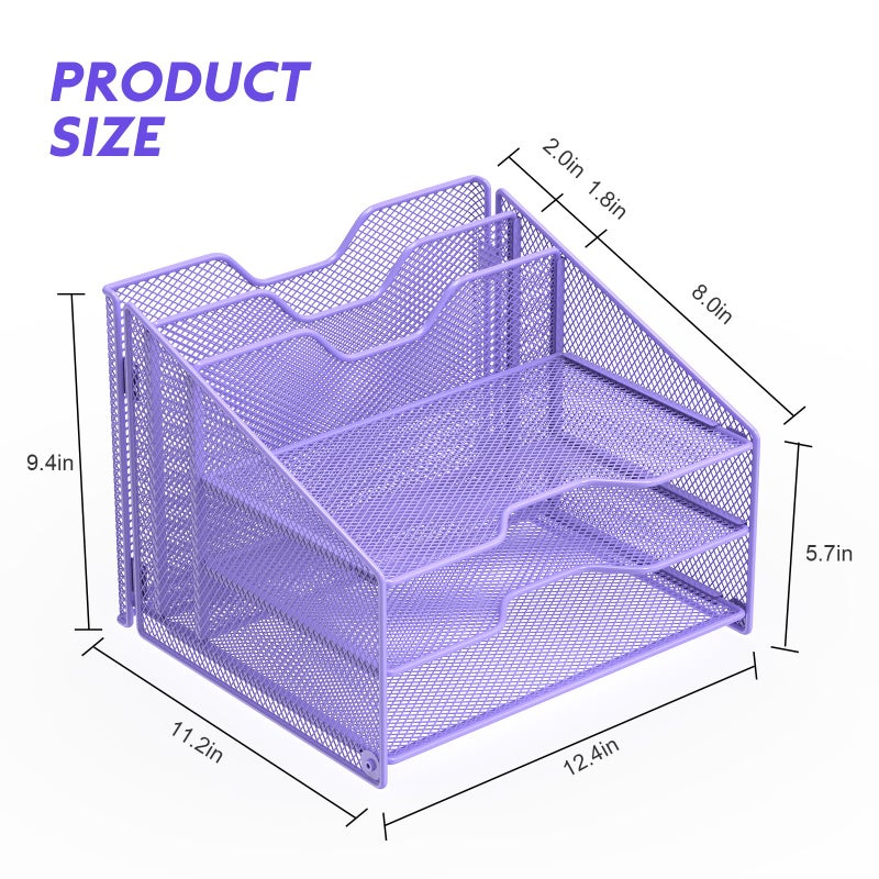 Samstar Purple Desk File Organizer, Mesh Letter File Folder Holder with 3 Paper Trays and 2 Vertical Upright Section, for Office Supplies, Desk Accessories & Workspace, Purple - Image 2