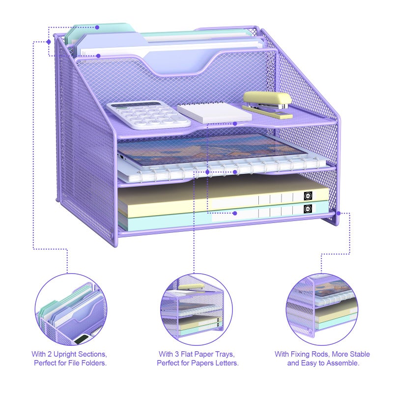 Samstar Purple Desk File Organizer, Mesh Letter File Folder Holder with 3 Paper Trays and 2 Vertical Upright Section, for Office Supplies, Desk Accessories & Workspace, Purple - Image 5