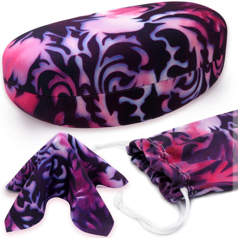 MyEyeglassCase Large Hard Sunglasses Case | Glasses case holder with Drawstring pouch and cleaning Cloth | Eyeglass Case Hard Shell for Large Sunglasses Frames (AS413 Purple Damask)  - Image 1
