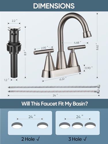 Cobbe 4 inch Brushed Nickel Bathroom Faucets with Pop up Drain and Two Supply Hoses, Lead-Free Stainless Steel 2 Handle Centerset Faucet for Vanity, RV - Image 5