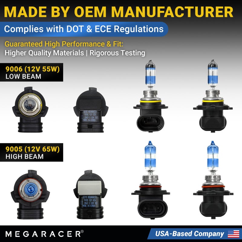Mega Racer Premium OEM 9005 9006 Halogen Headlight Bulbs Combo (4 Bulbs) - Street-Legal & DOT Compliant for On-Road Use, Automotive Car Light Replacement, 12V 65/55W, High & Low Beam, Plug & Play - Made in Korea - Image 3