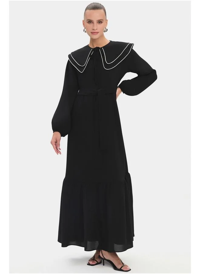 جون June Women Doll Collar Balloon Sleeve Waist Tie Detail Dress Black