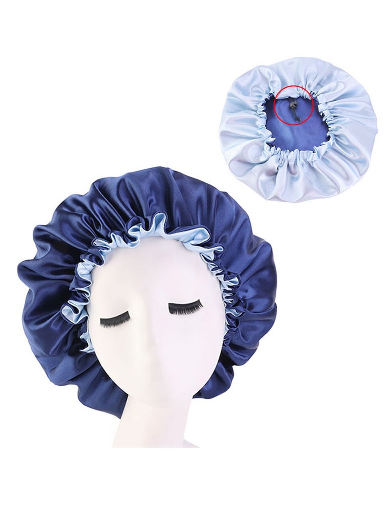 Double-layer Elastic Women Stain Night Sleep Cap Hair Bonnet Hat Shower Caps(DarkBlue) - Image 1