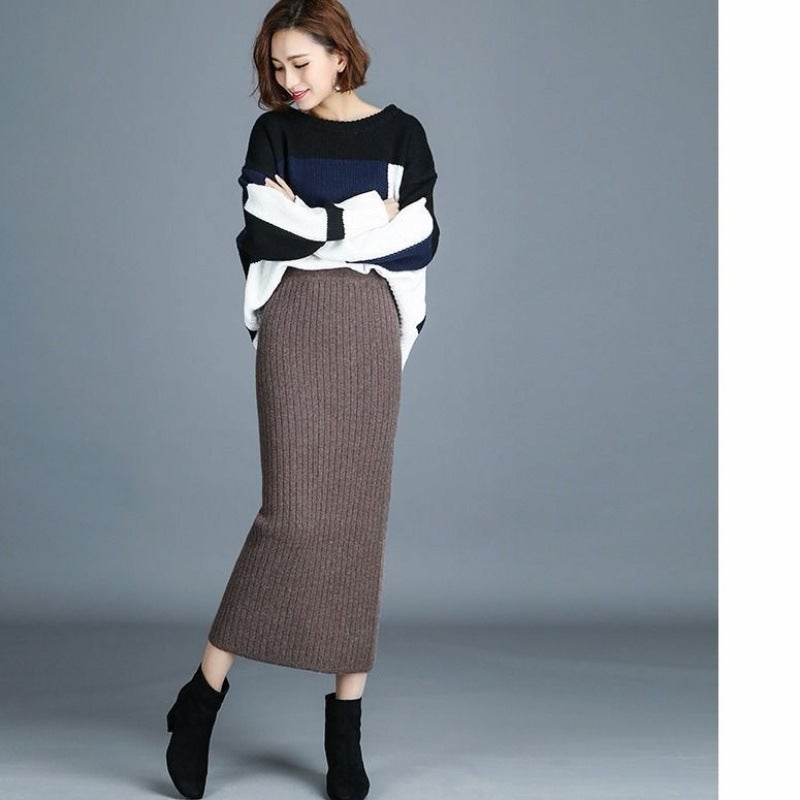 Korean Style Slim Knitted Skirt Mid-Length High-Waist Slimming Look Slit One-Step Hip-Covering Skirt - Image 5