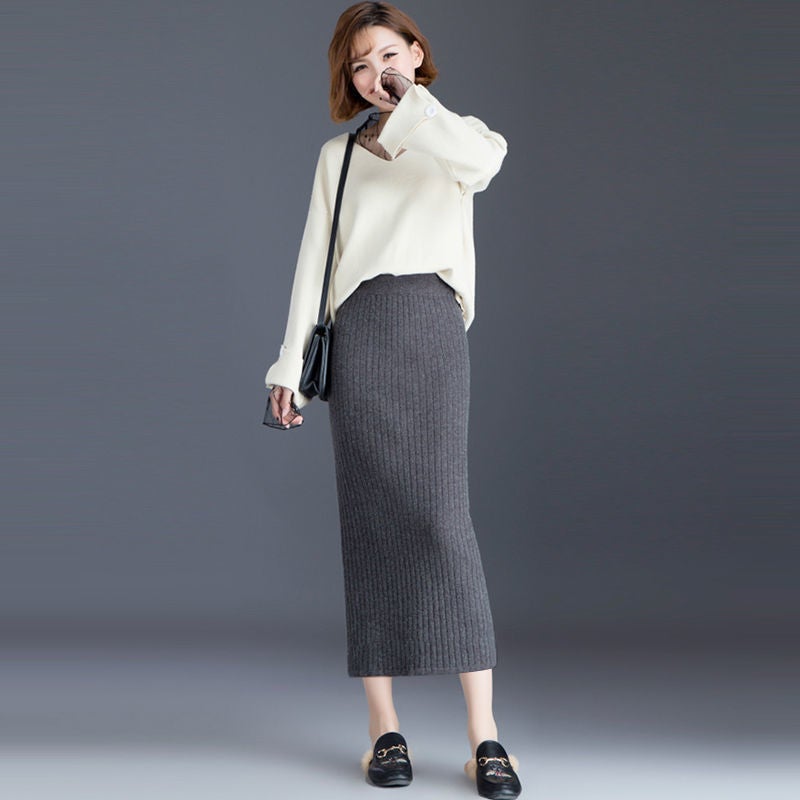 Korean Style Slim Knitted Skirt Mid-Length High-Waist Slimming Look Slit One-Step Hip-Covering Skirt - Image 4