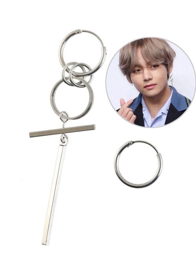 Ant BTS Same Style Titanium Steel Pendant Earrings，Titanium Steel Round Fashion Hoop Earrings with Silver Stick，Hypoallergenic Earrings Piercing For Women Men Girls Jewelry Silver - Image 1