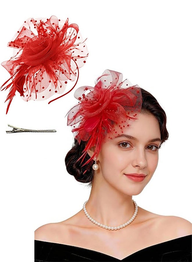 KANGLI 1 PCS Flower Headware with Mesh and Feather, Fascinator Hats for Women Tea Party/Horse Racing/Festival Dressy（Red） - Image 1
