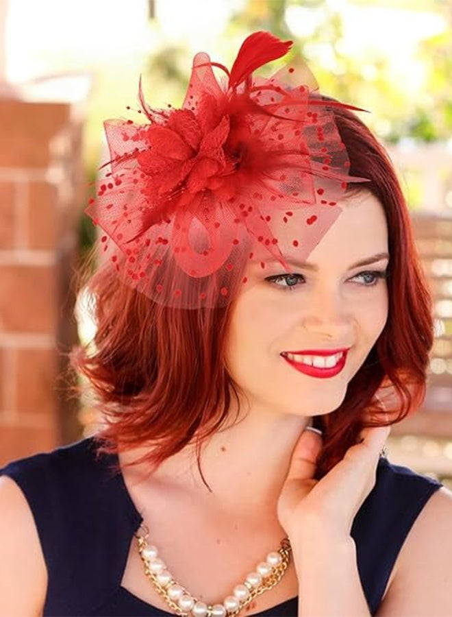 KANGLI 1 PCS Flower Headware with Mesh and Feather, Fascinator Hats for Women Tea Party/Horse Racing/Festival Dressy（Red） - Image 2