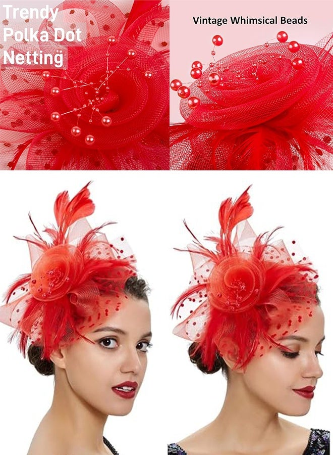 KANGLI 1 PCS Flower Headware with Mesh and Feather, Fascinator Hats for Women Tea Party/Horse Racing/Festival Dressy（Red） - Image 3