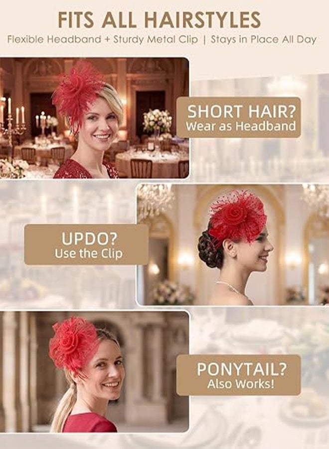 KANGLI 1 PCS Flower Headware with Mesh and Feather, Fascinator Hats for Women Tea Party/Horse Racing/Festival Dressy（Red） - Image 4