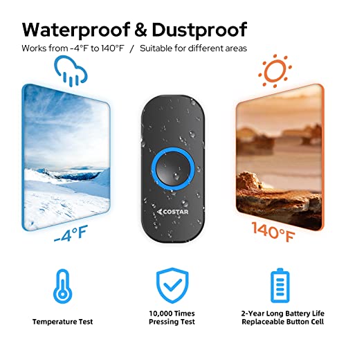 COSTAR Wireless Door Bell Kits Chime for Home Office with LED Light 150 Meter 500 Feet Operating Range 57 Ringtones 4 Levels Volume, 1 Receiver and 1 Push Button IP44 Waterproof (Pebble T311) - Image 3