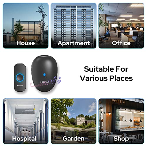 COSTAR Wireless Door Bell Kits Chime for Home Office with LED Light 150 Meter 500 Feet Operating Range 57 Ringtones 4 Levels Volume, 1 Receiver and 1 Push Button IP44 Waterproof (Pebble T311) - Image 5