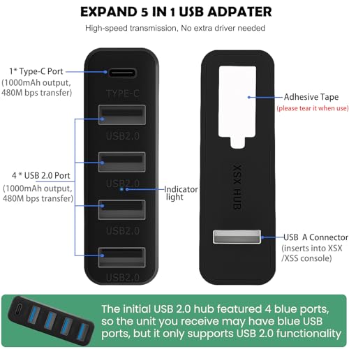 Megadream 5 Ports USB Hub for Xbox Series X|S, High Speed USB Hub Splitter Expansion Adapter for Xbox Series X|S Accessories, with 4 USB 2.0 Port + 1 Type C Port, Black - Image 2