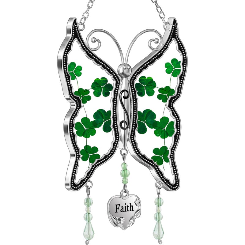 KY&BOSAM KYBOSAM Shamrock Butterfly Suncatcher Faith Stained Glass Irish Suncatchers for Windows Hangings Ornament Wind Chimes With Real Flower in Glass as Brithday Gift for Mothers Day St Patricks Day Decor 