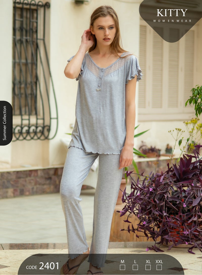 كيتي طقم بيجامة رمادية مريحة من قطعتين