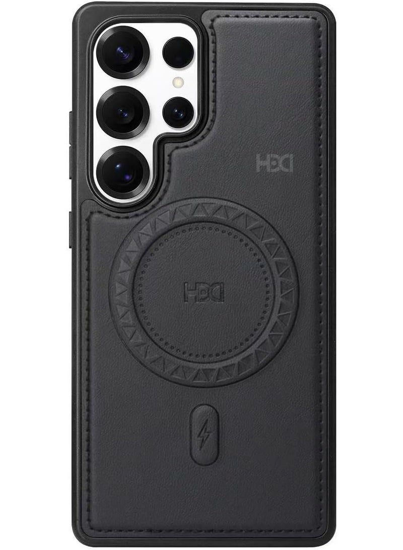 غطاء جلدي لحماية القرص الصلب لهاتف سامسونج جالاكسي إس 26 ألترا، غطاء مغناطيسي MagSafe، حواف مرتفعة حول الشاشة تساعد على منع الخدوش (أسود)