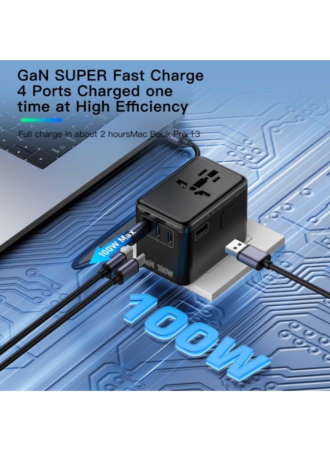 GaN 100W Fast Charging Universal Travel Adapter, 4-in-1 International Power Plug with 3 USB-C & 1 USB-A Port, PD QC3.0 Compatible for EU/UK/US/AU, Overload Protection for Laptop Phone Travel - Image 3