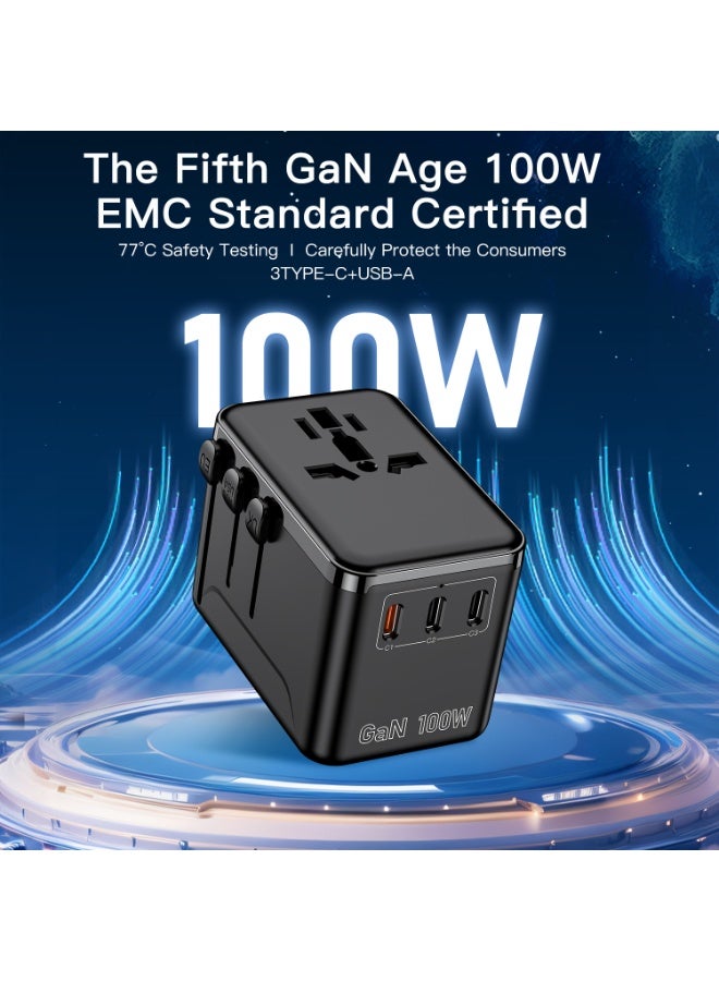 GaN 100W Fast Charging Universal Travel Adapter, 4-in-1 International Power Plug with 3 USB-C & 1 USB-A Port, PD QC3.0 Compatible for EU/UK/US/AU, Overload Protection for Laptop Phone Travel - Image 2