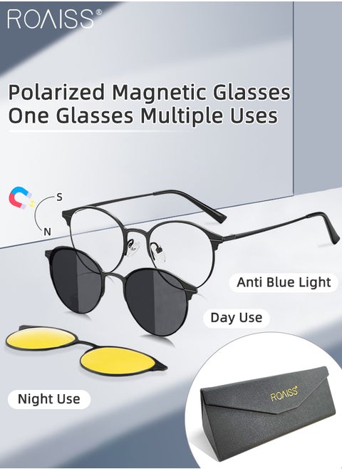 3-in-1 Magnetic Polarized Clip-On Sunglasses Set, Blue Light Blocking Glasses with Magnetic Polarized Lens and Magnetic Night Vision Lens, Versatile Eyewear for Day and Night Use for Men and Women