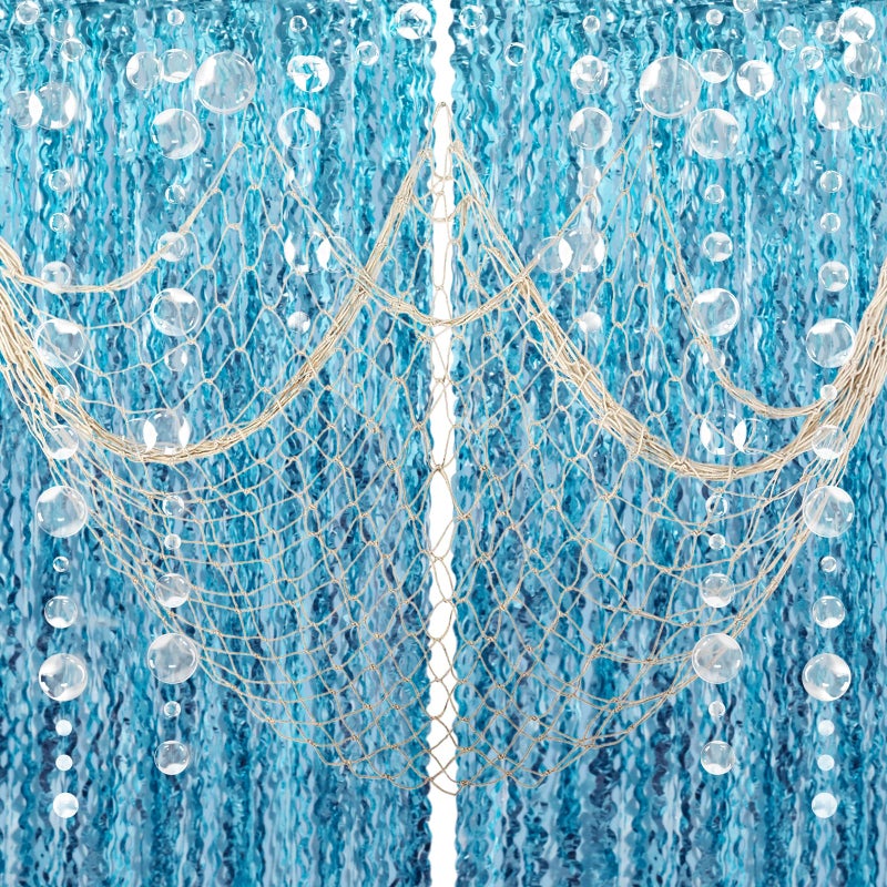 ZERODECO Party Decorations, Natural Fish Net with Fringe Curtain and Bubble Garlands for Nautical Decor Pirate Party Kids Birthday Under The Sea Party Mermaid Decor Room Wall Decor - Image 1