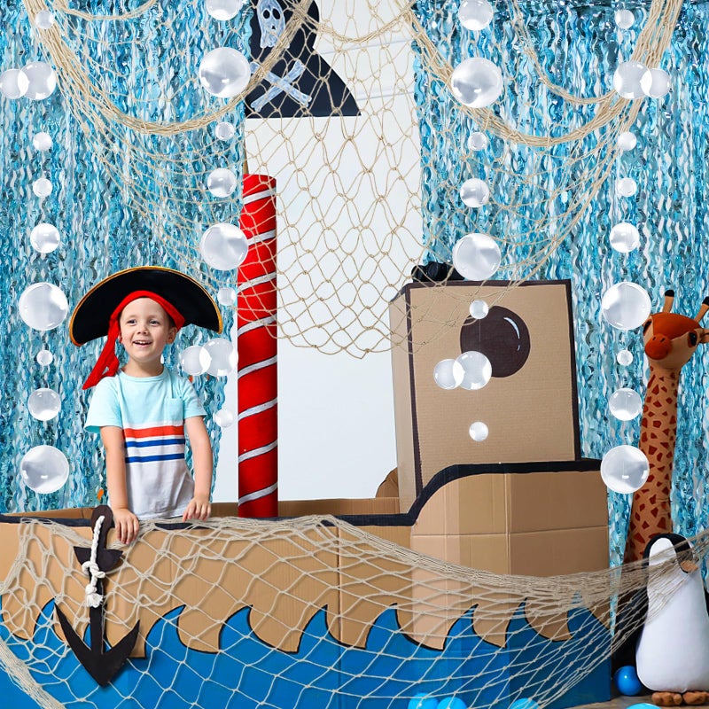 ZERODECO Party Decorations, Natural Fish Net with Fringe Curtain and Bubble Garlands for Nautical Decor Pirate Party Kids Birthday Under The Sea Party Mermaid Decor Room Wall Decor - Image 5